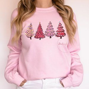 Pink Christmas Trees Unisex Graphic Crew Neck Sweatshirt